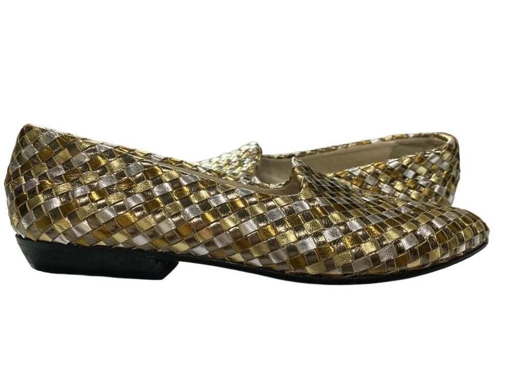 Sesto Meucci Gold Silver Woven Metallic Leather Loafer Flats Size 6
